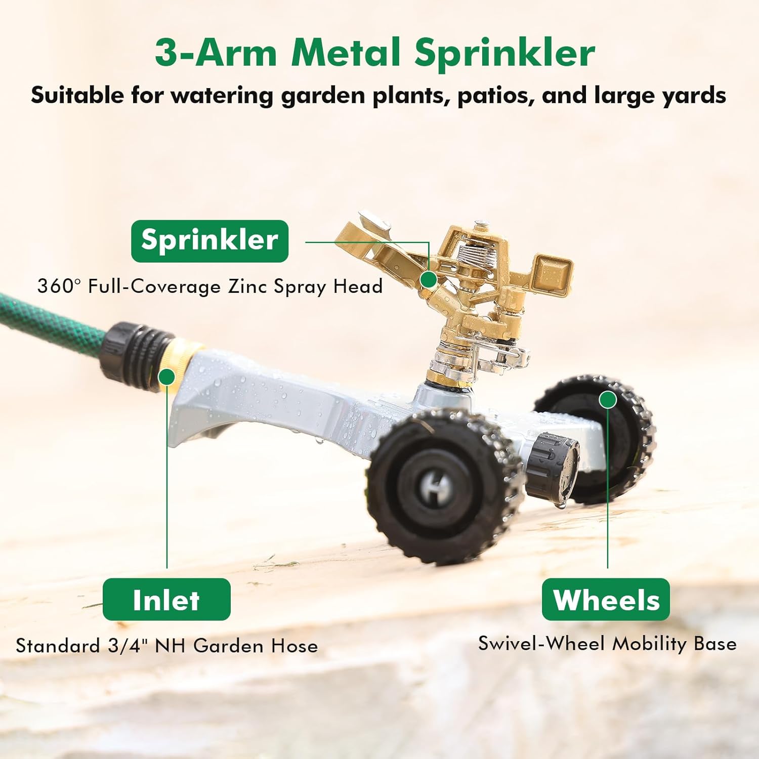 RESTMO Heavy Duty Full Metal Impact Sprinkler with Wheeled Base | 360° Rotating Sprinklers for Yard,Large Area Lawn &