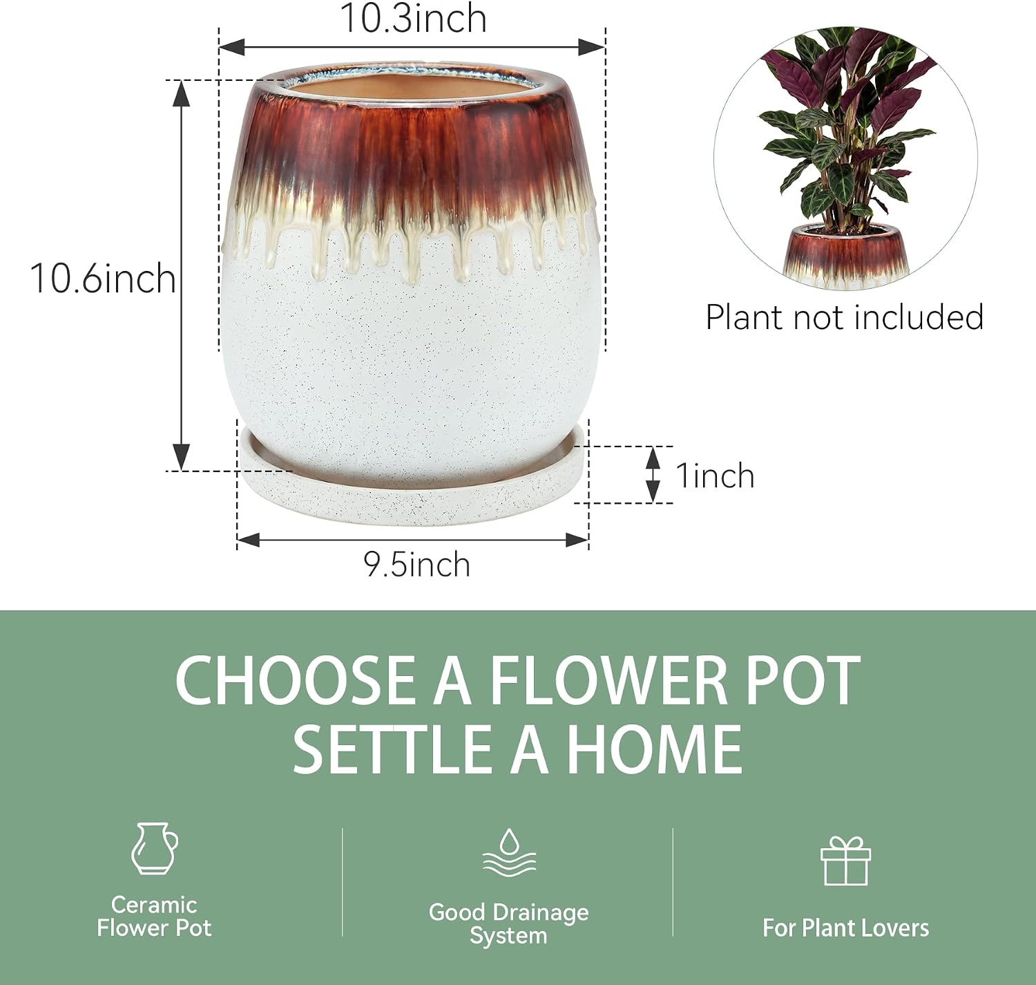 10.3 Inch Ceramic Glaze Plant Pot with Saucer, Flower Pots with Drainage Hole Mesh Net (Hemp-White)