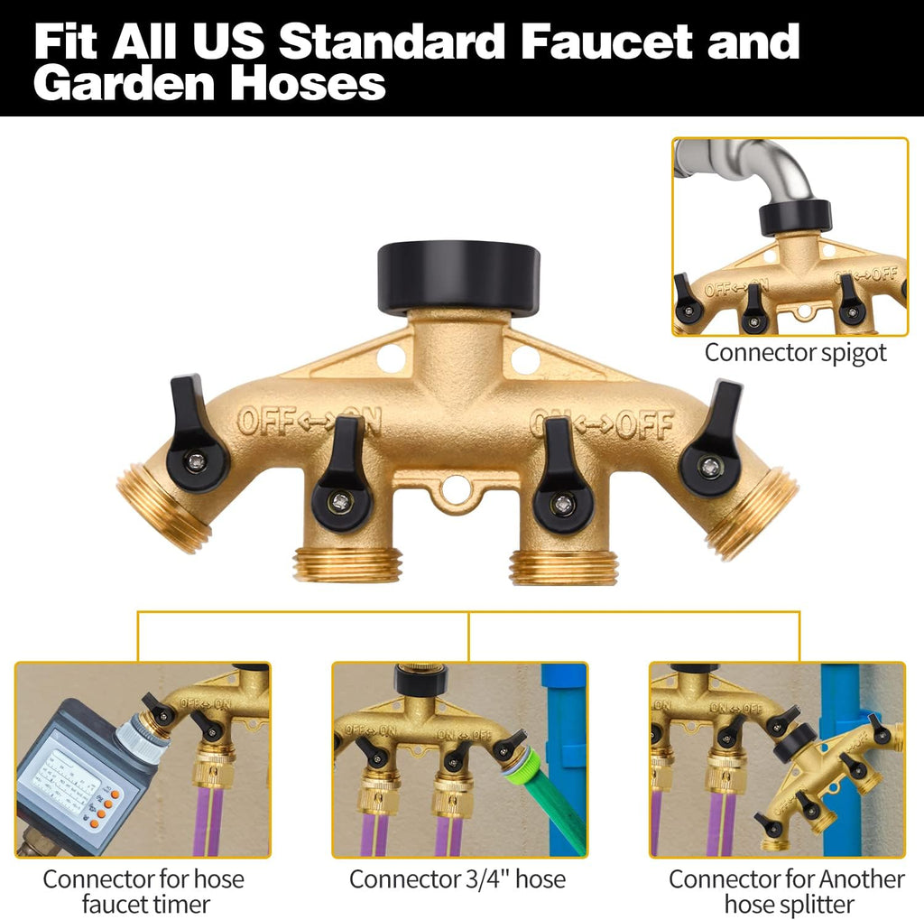2 Pack 4 Way Hose Splitter, with Rubber Washers & Tapes | for 3/4" Hose Connector, Brass Garden Hose Manifold