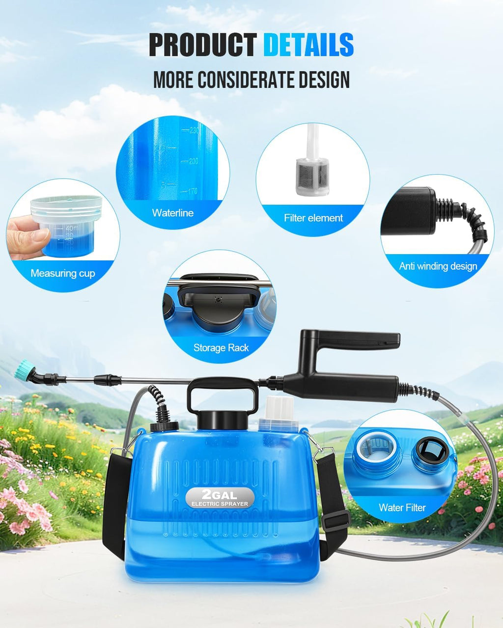 Battery Powered Sprayer 2 Gallon, Electric Weed Sprayer with 3 Adjustable Pressure Levels, 4 Nozzles & Extendable Wand