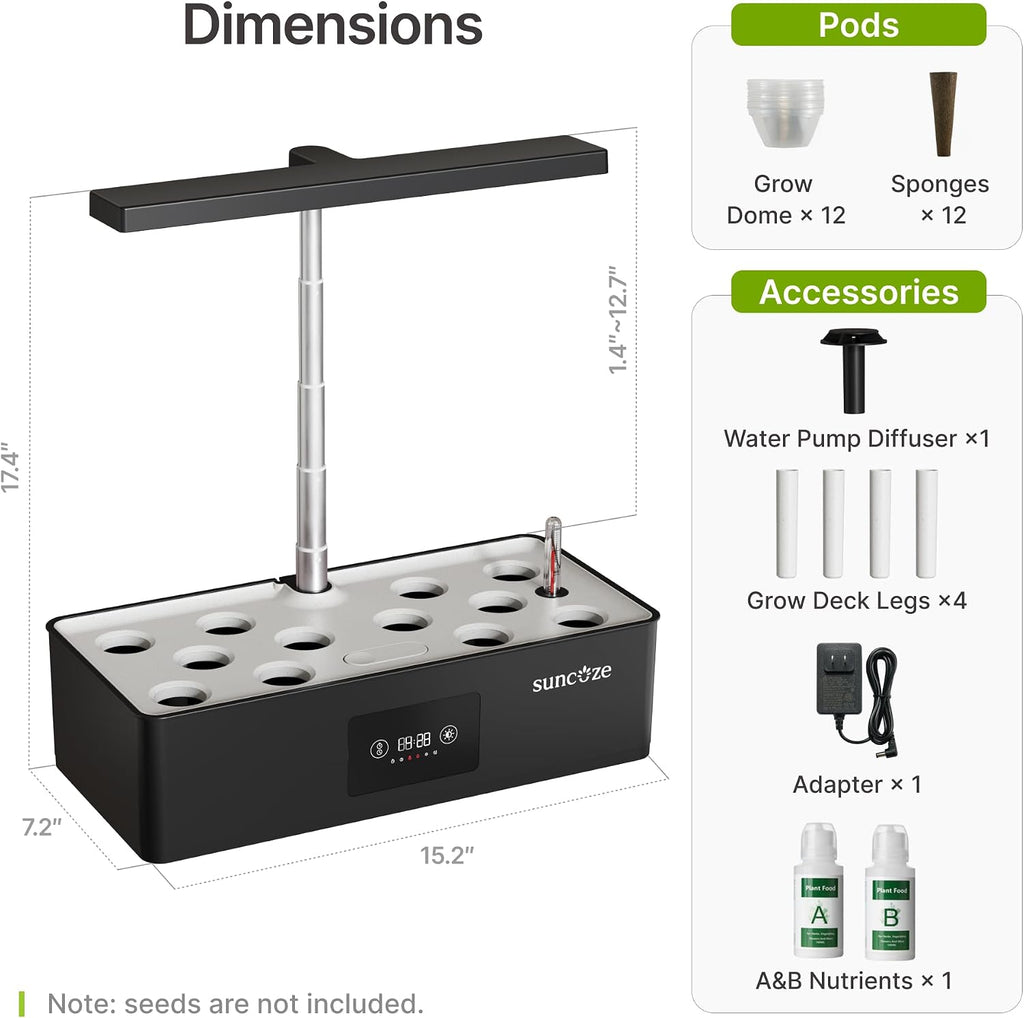 Hydroponics Growing System Kit with 24W Dimmable LED Light, Black | 12 Pods Indoor Herb Garden with Timer & Local Time