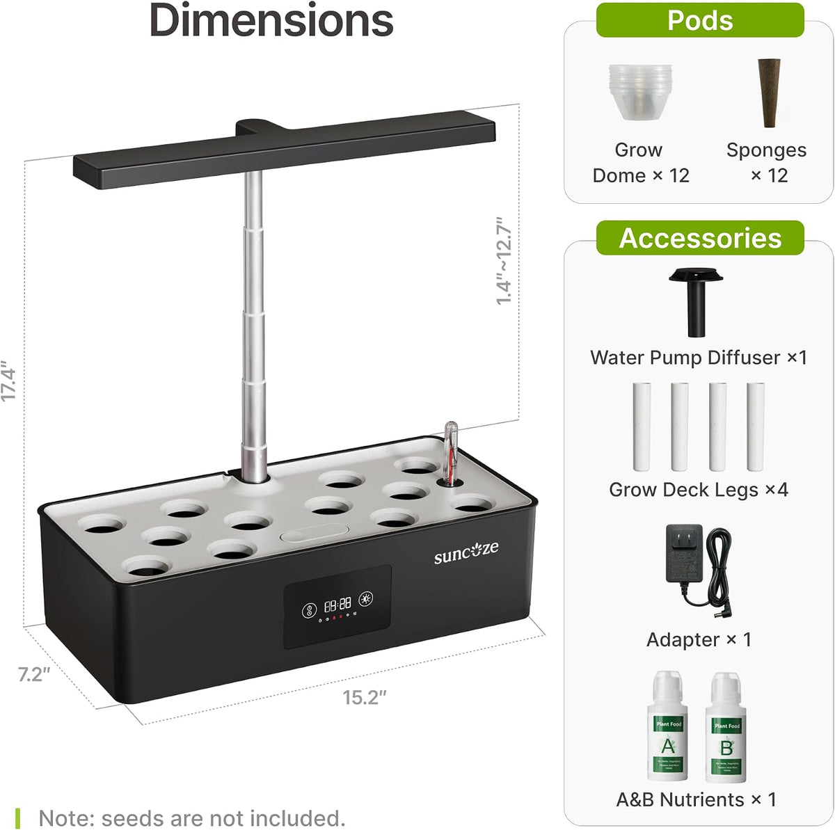 Hydroponics Growing System Kit with 24W Dimmable LED Light, Black | 12 Pods Indoor Herb Garden with Timer & Local Time