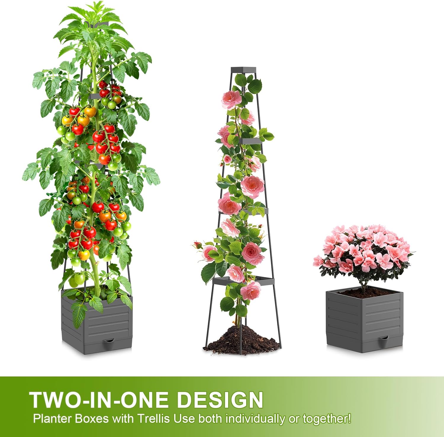 2 Pack Raised Garden Bed Tomato Planter with Trellis, 57" Tomato Cage Plant Support Planters, Self-Watering Planter for