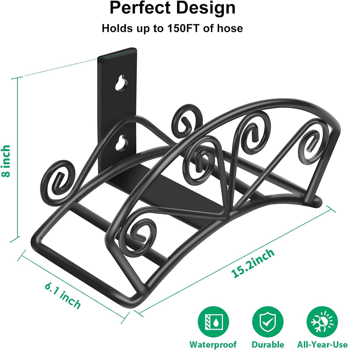 TomCare Garden Hose Holder, Heavy Duty 150 ft Capacity Hose Hanger | 7 mm Solid Metal Rod, One-Piece Welded Decorative