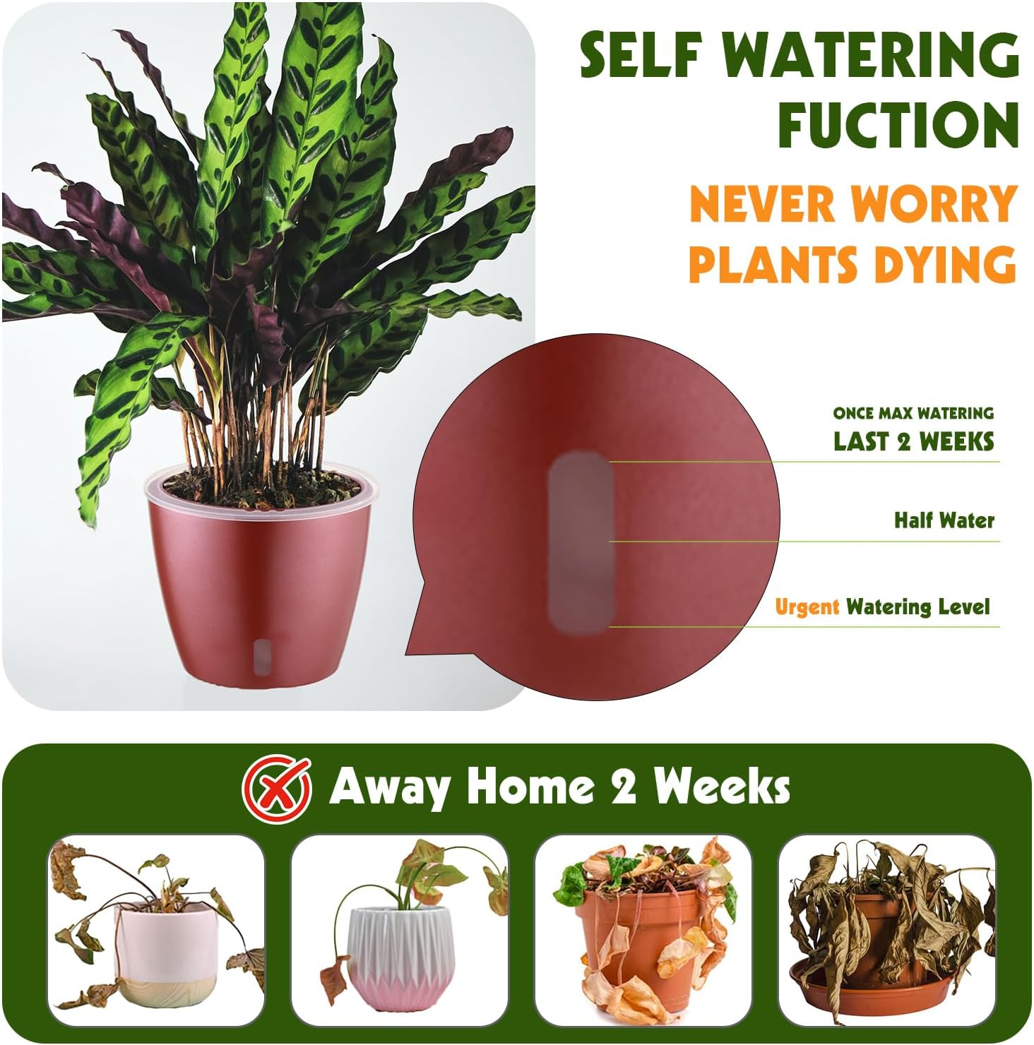 Self Watering Pots for Indoor Plants, 4-Pack 6.7'' Self Watering Planter with Drainage Holes, Small African Violet Pots
