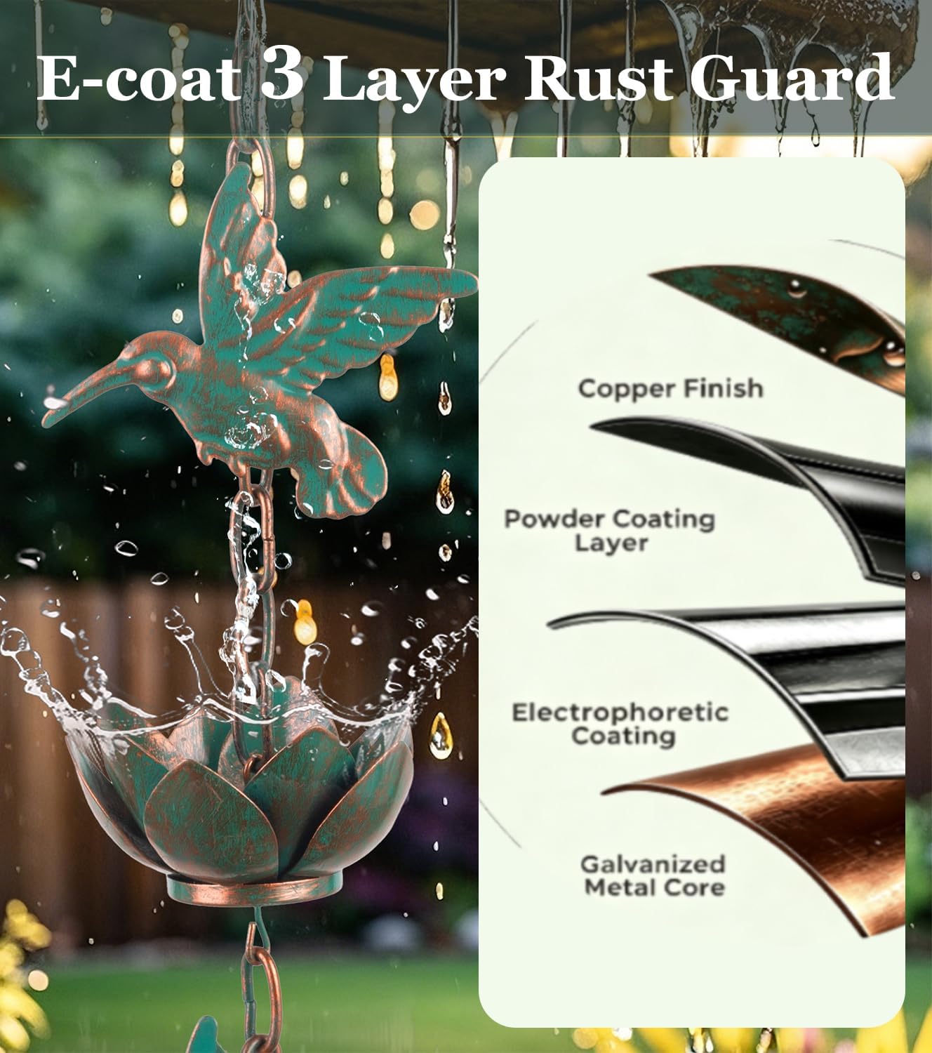 shumi Rain Chain for Gutters, 8.8 FT Decorative Heavy Duty Rain Chain | 12 Hummingbird & 12 Lotus Cups, Copper Plated