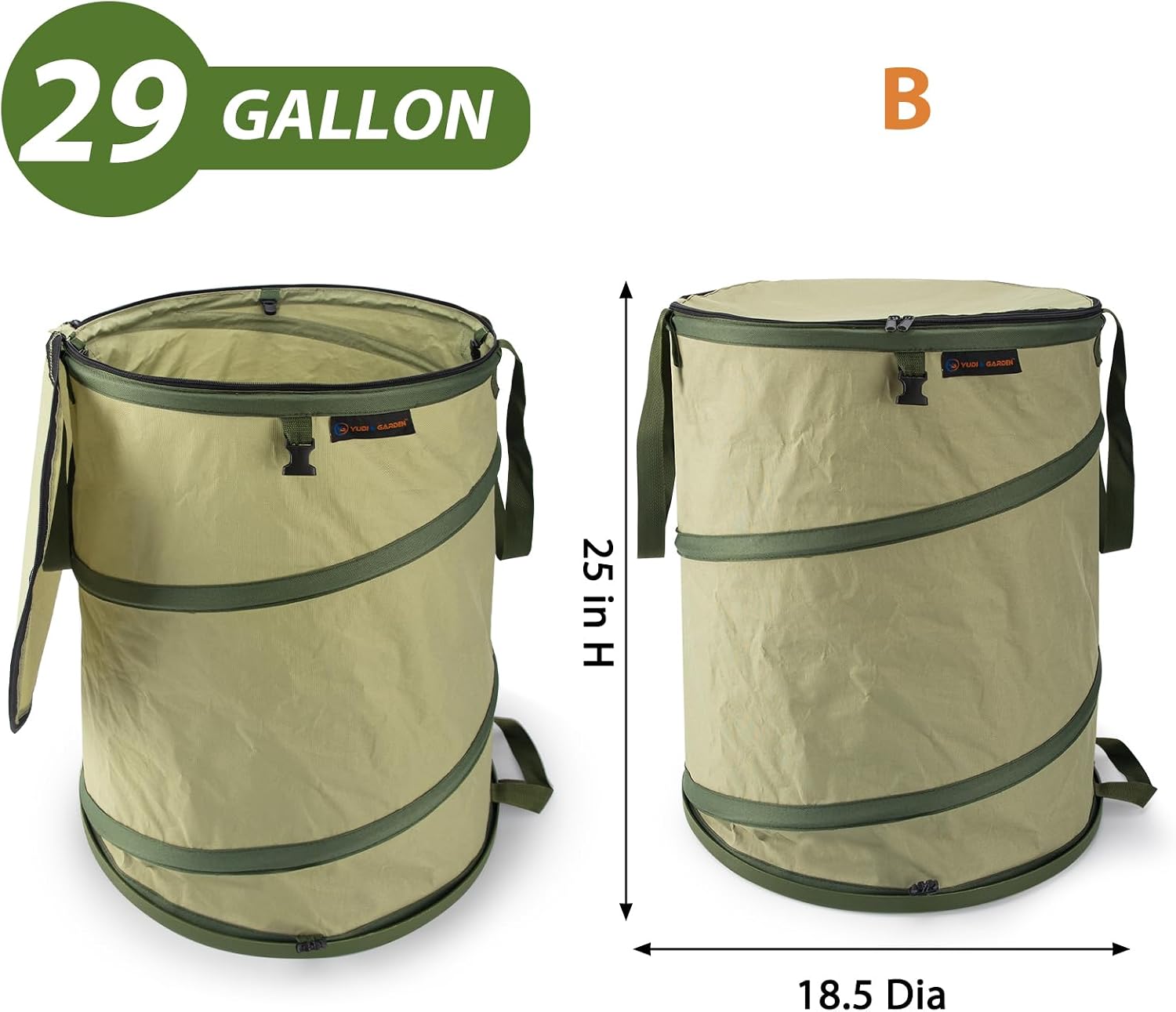 YUDI & GARDEN 29 Gallon Hard Bottom Collapsible Trash Can, 2-Pack | Heavy Duty, Collapsible Garden Bag, For Weeds