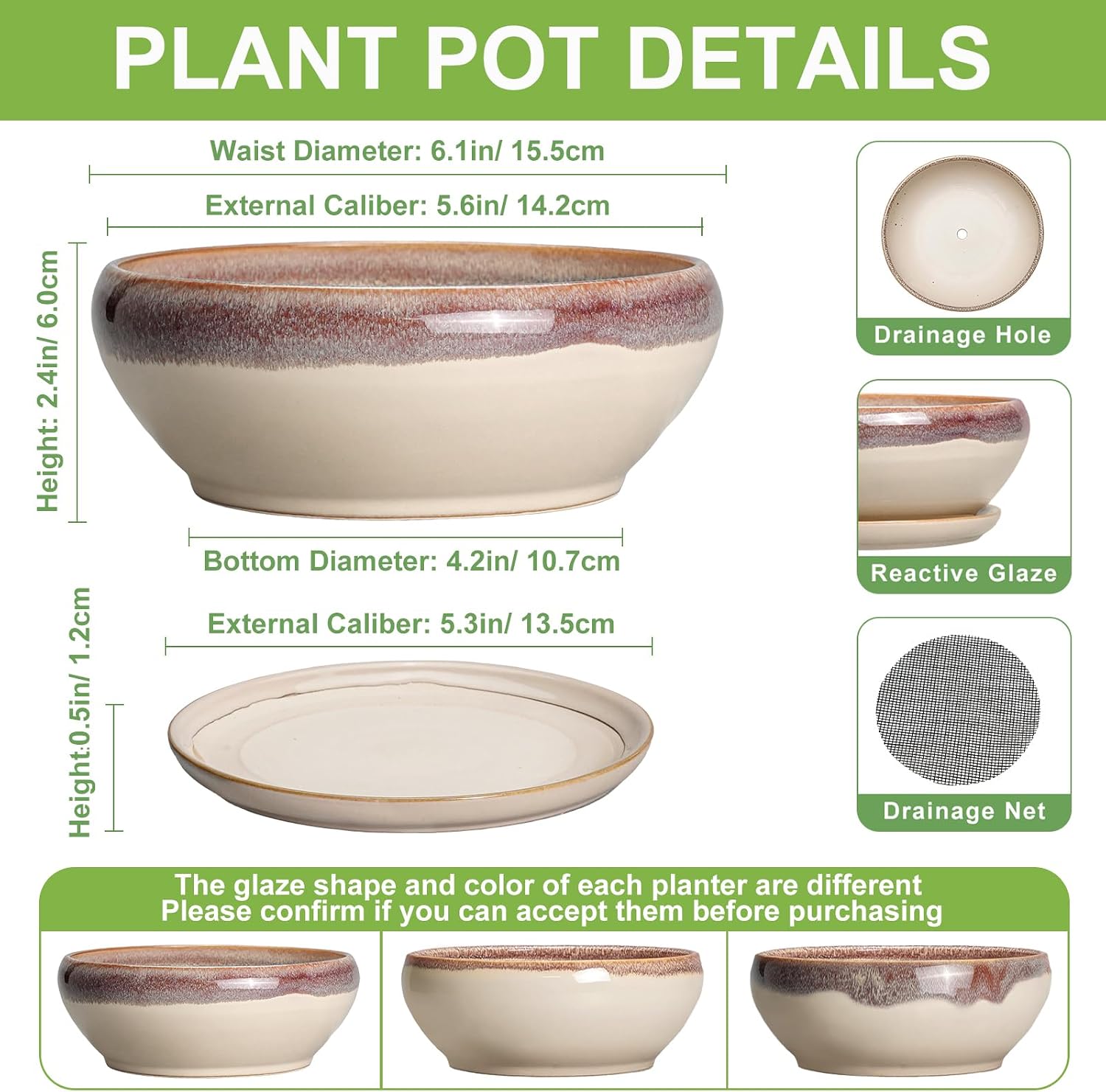 SQOWL Small Bonsai Pots - 6 Inch Ceramic Plant Pots for Succulents, Shallow Planter with Drainage Hole and Saucer
