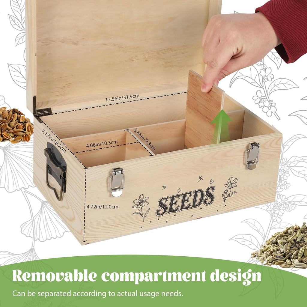 13.1”×7.7”×6” Wood Seed Storage Box 60pcs Seed Envelopes Fluorescent Index Tabs Seed Saving Organizer Box with