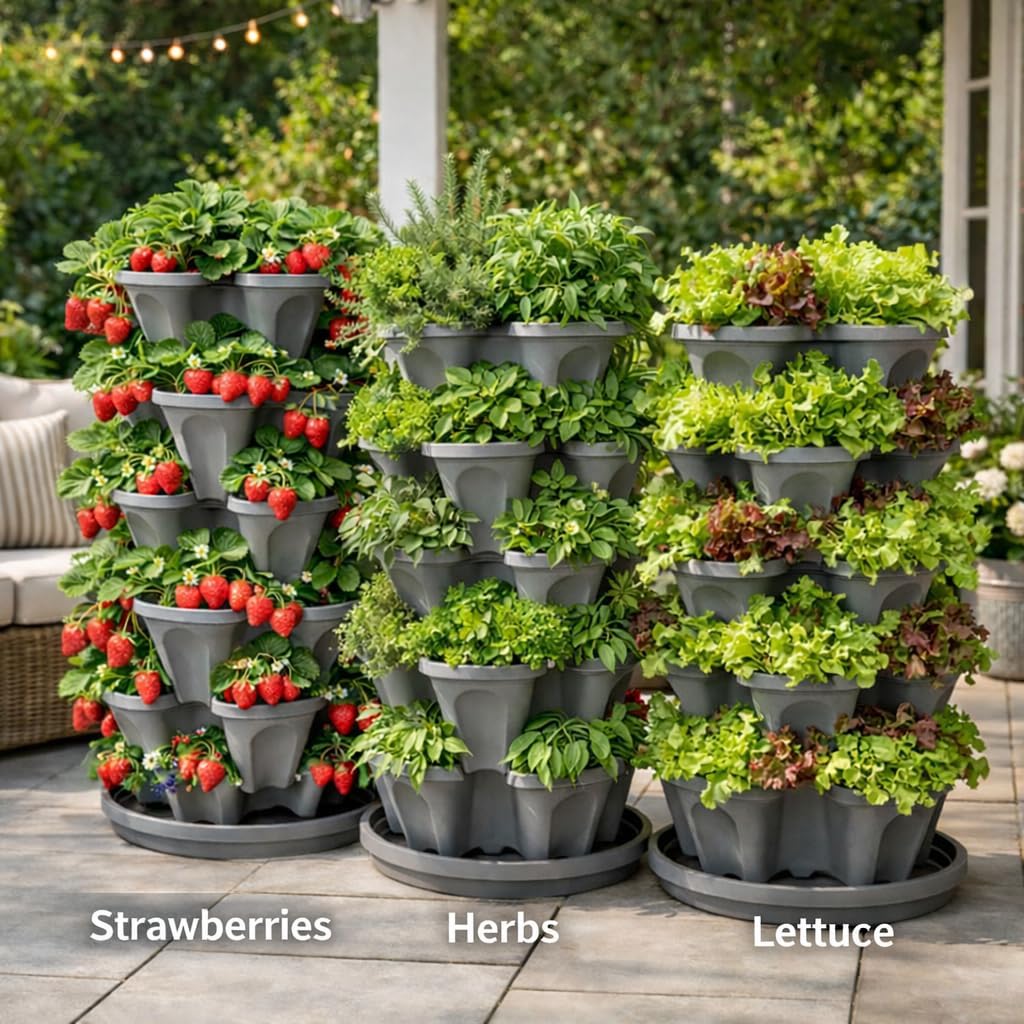 5-Tier Stackable Strawberry Garden – 24 Quart Indoor / Outdoor Stacking Planter with Drip Saucer – Grow Herbs