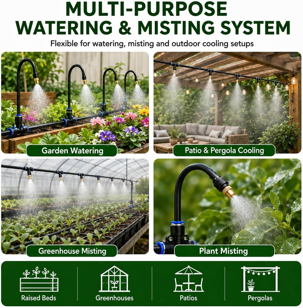 100FT 5/16" Garden Watering Kit with 32 Brass Nozzles & Y Splitter | 32 brass nozzles, 5/16" tubing, brass faucet