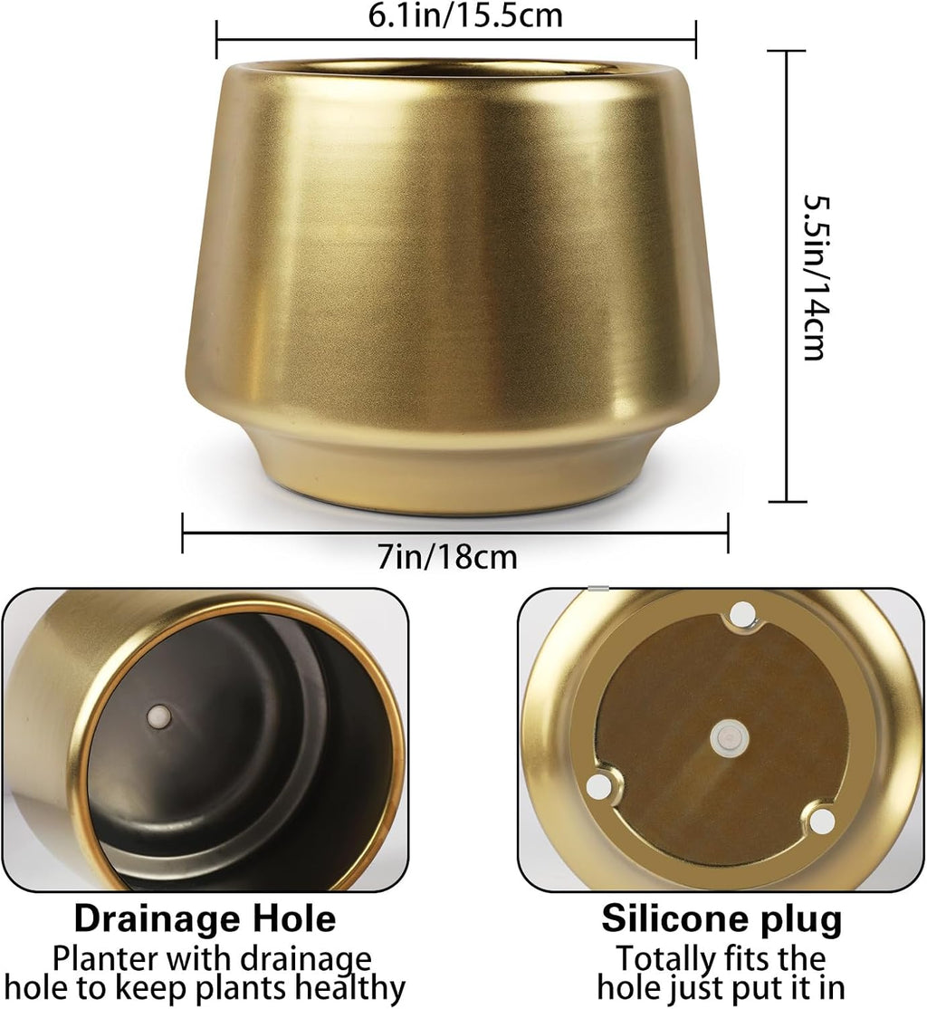 Gold Indoor Plant Pot 7 Inch Large Ceramic Planter With Drainage Hole - Modern Brass Flower Pot Centerpiece Vase