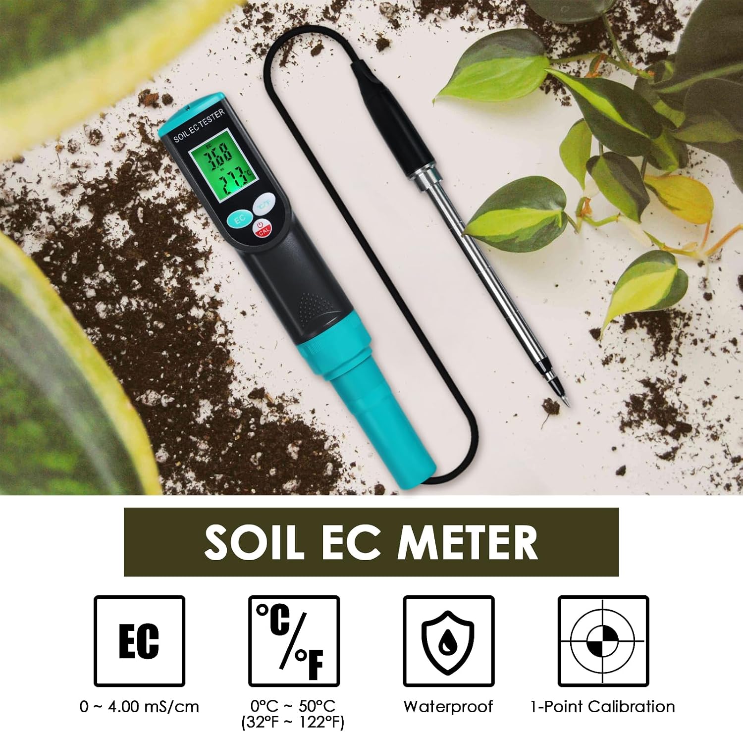 2 in 1 Digital Plants EC Meter Soil EC & Temperature Meter | Soil EC Meter with ATC, Corded EC Sensor Electrode