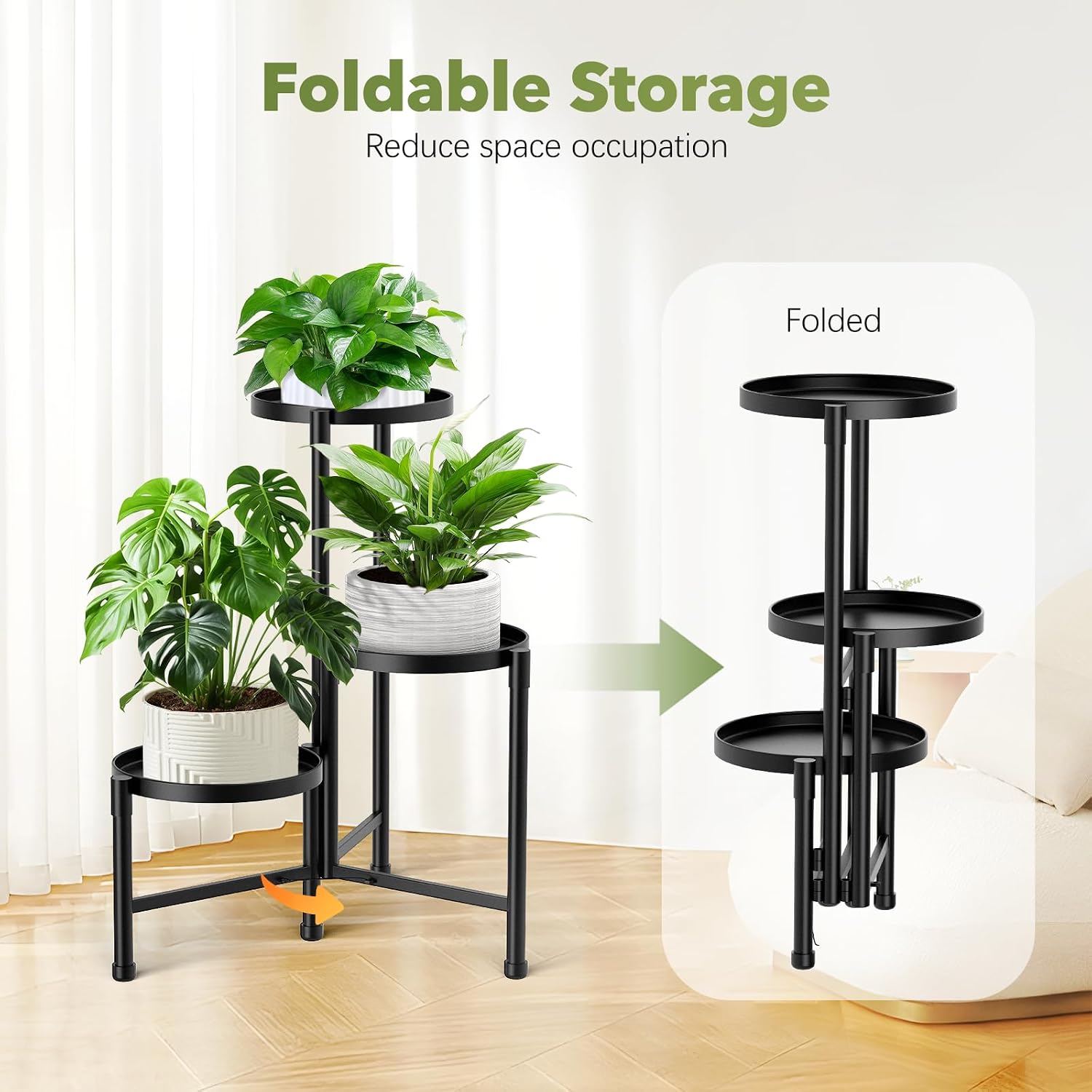 3 Tier Corner Plant Stand Indoor Outdoor, Metal, 10 Inch Wide Tray, Black | 30 In Tall Folding Flower Pot Holder