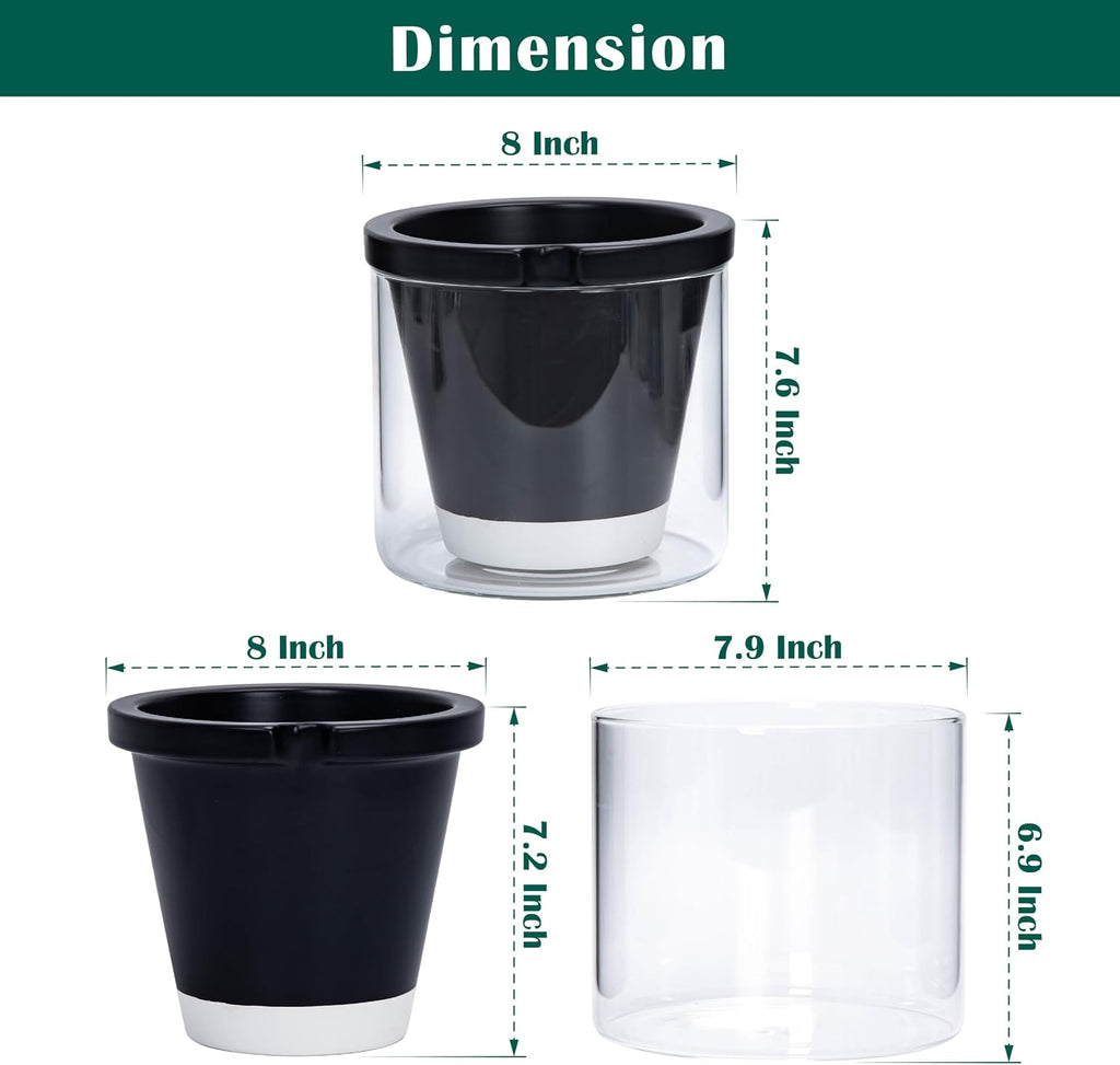 D'vine Dev Self-Watering Black Terracotta Planter Pot, 8 in, 37-X-C-3 | Terracotta & Glass Design, Clear Water