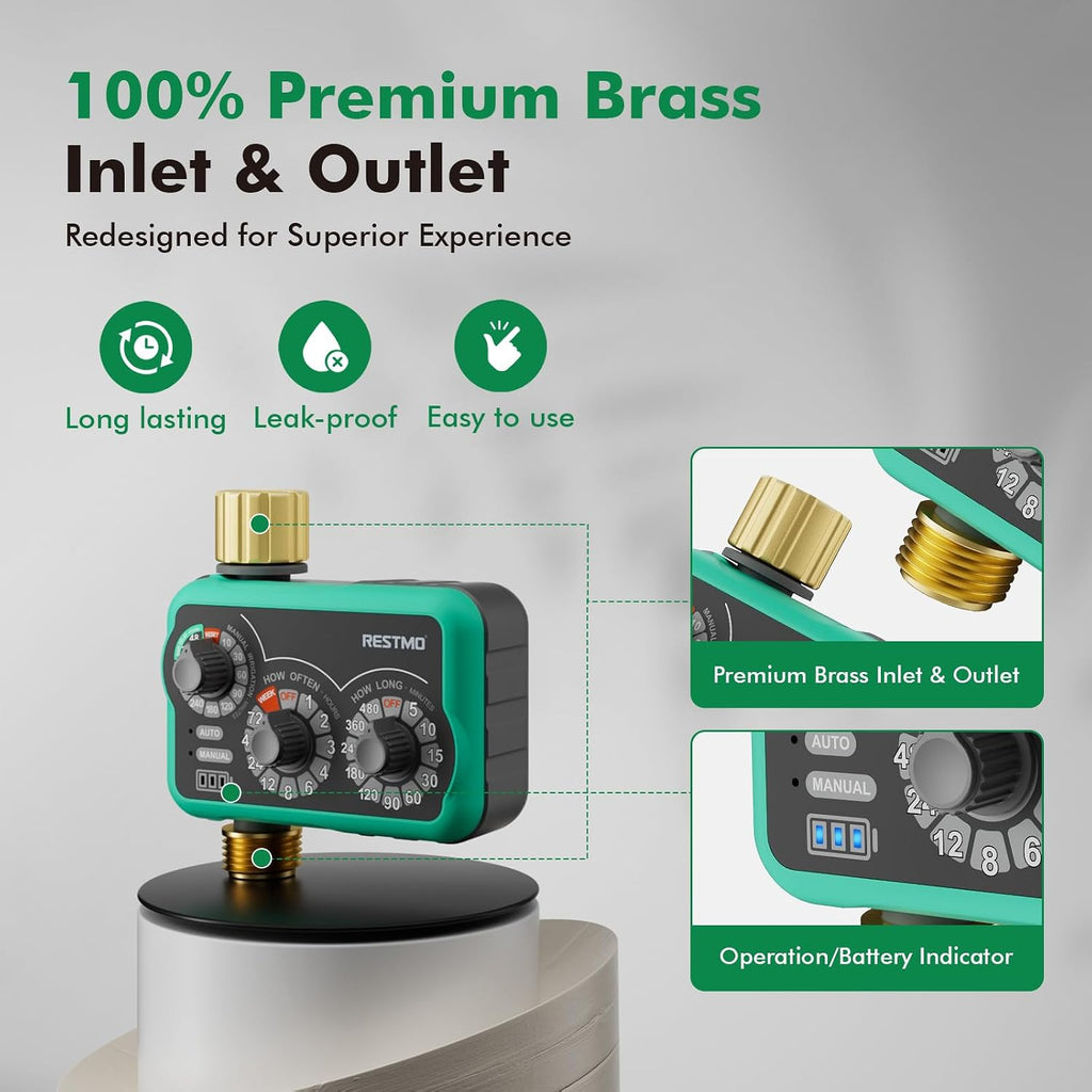 RESTMO 3-Dial Analog Sprinkler Timer, Mechnical Water Timer for Outdoor | Brass Inlet & Outlet, Manual/Rain Delay