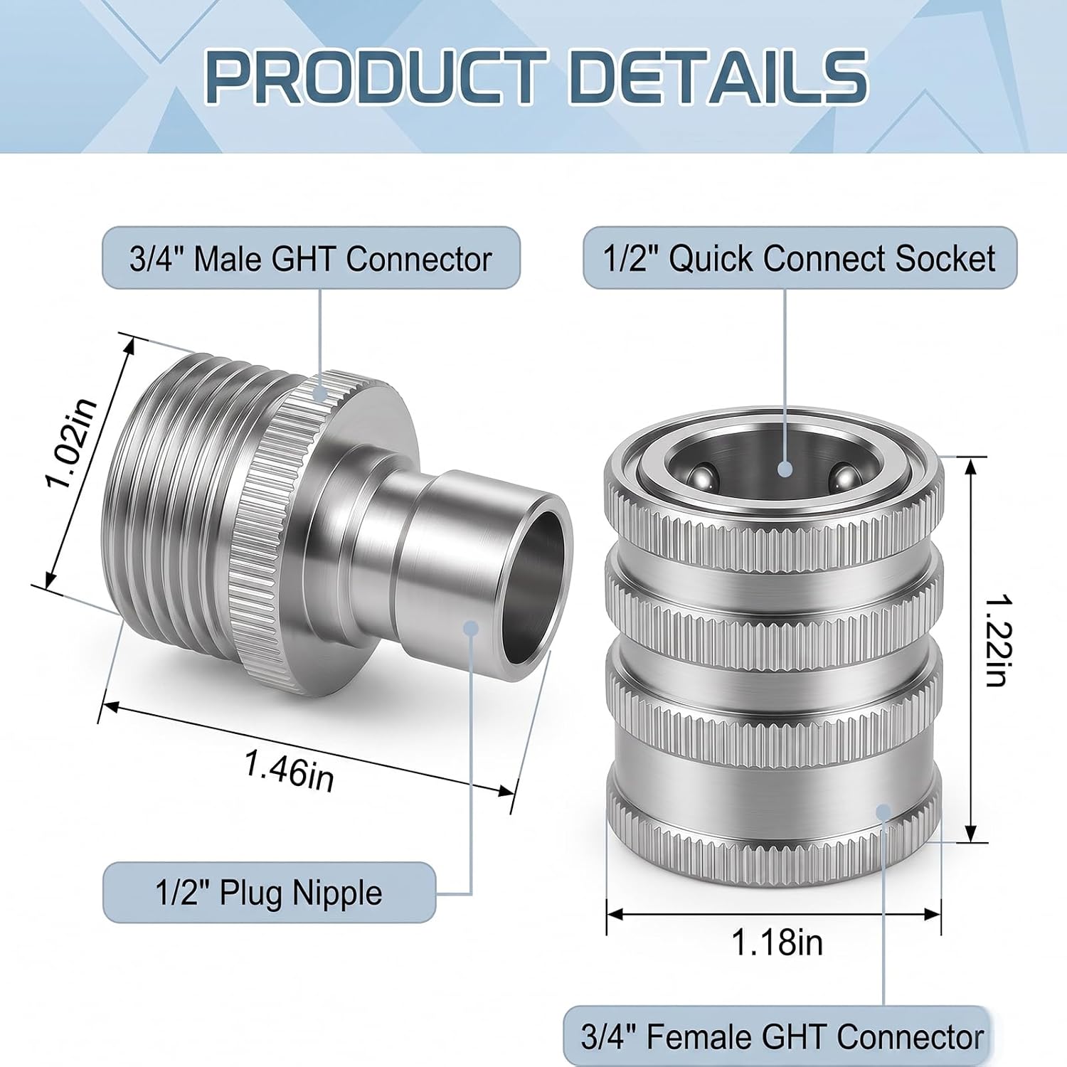 Stainless Steel Garden Hose Quick Connect Fittings, 3/4 Inch GHT | Heavy Duty Male and Female Quick Release Water Hose