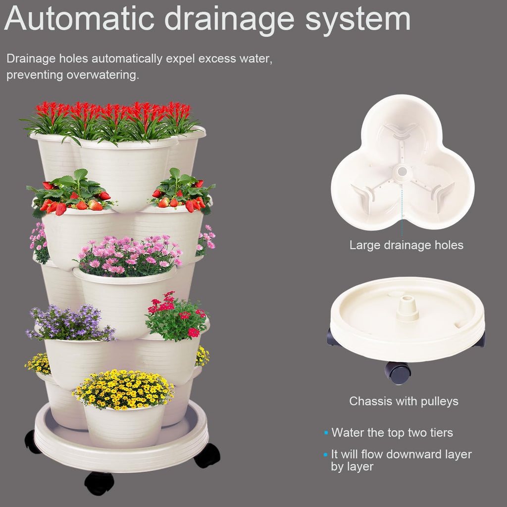 5-Tier Vertical Garden Tower Stackable Planter for Strawberries, Flowers, Vegetables & Herbs Beige