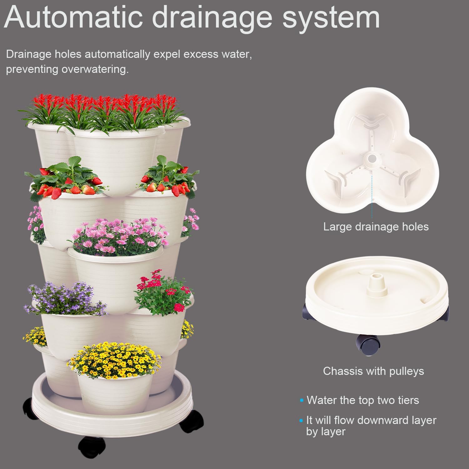 5-Tier Vertical Garden Tower Stackable Planter for Strawberries, Flowers, Vegetables & Herbs Beige