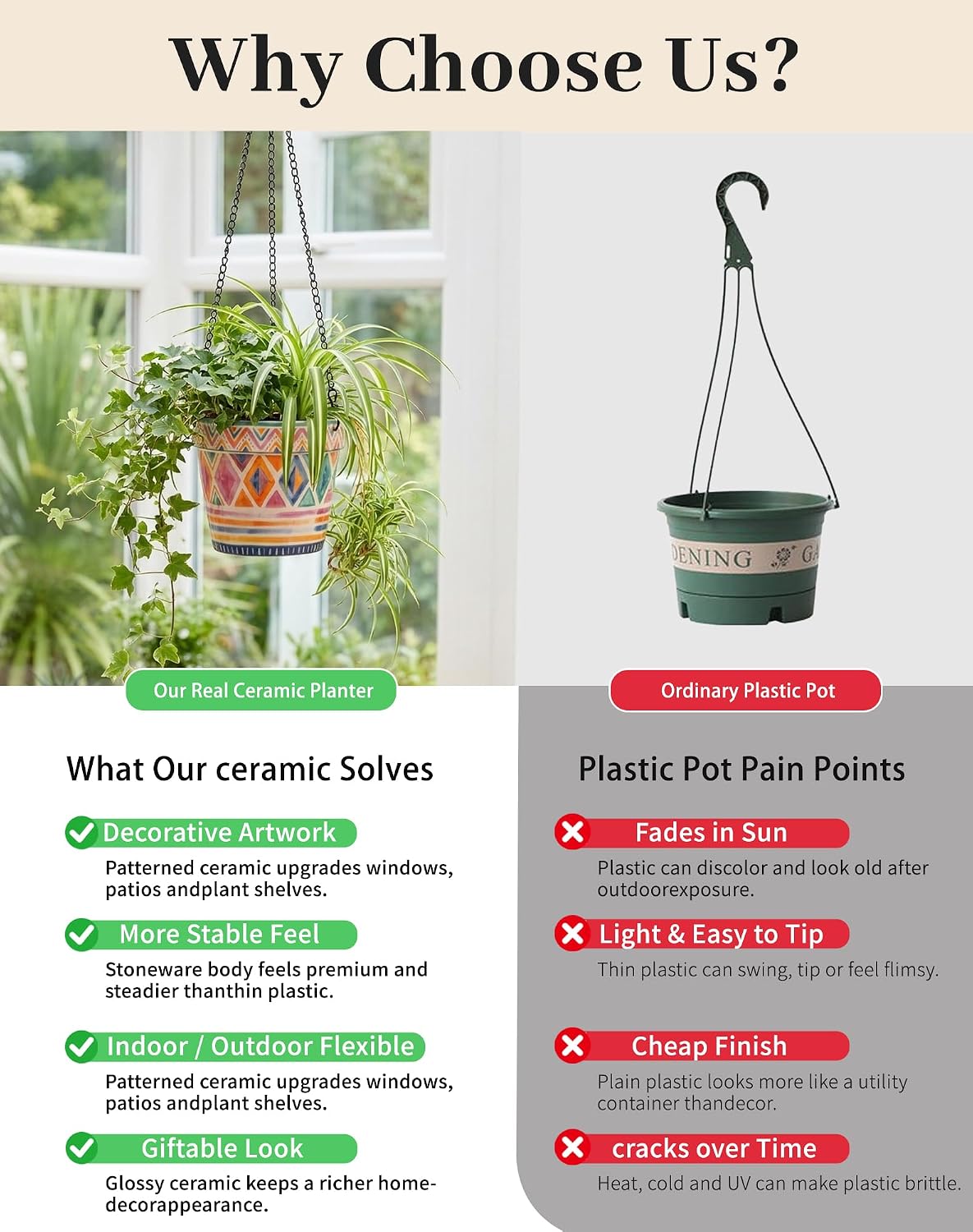 D'ORAMIE Boho Hanging Planter - 5.1" Stoneware Moroccan Geometric Pattern | Ceramic Indoor Outdoor Flower Pot with Iron