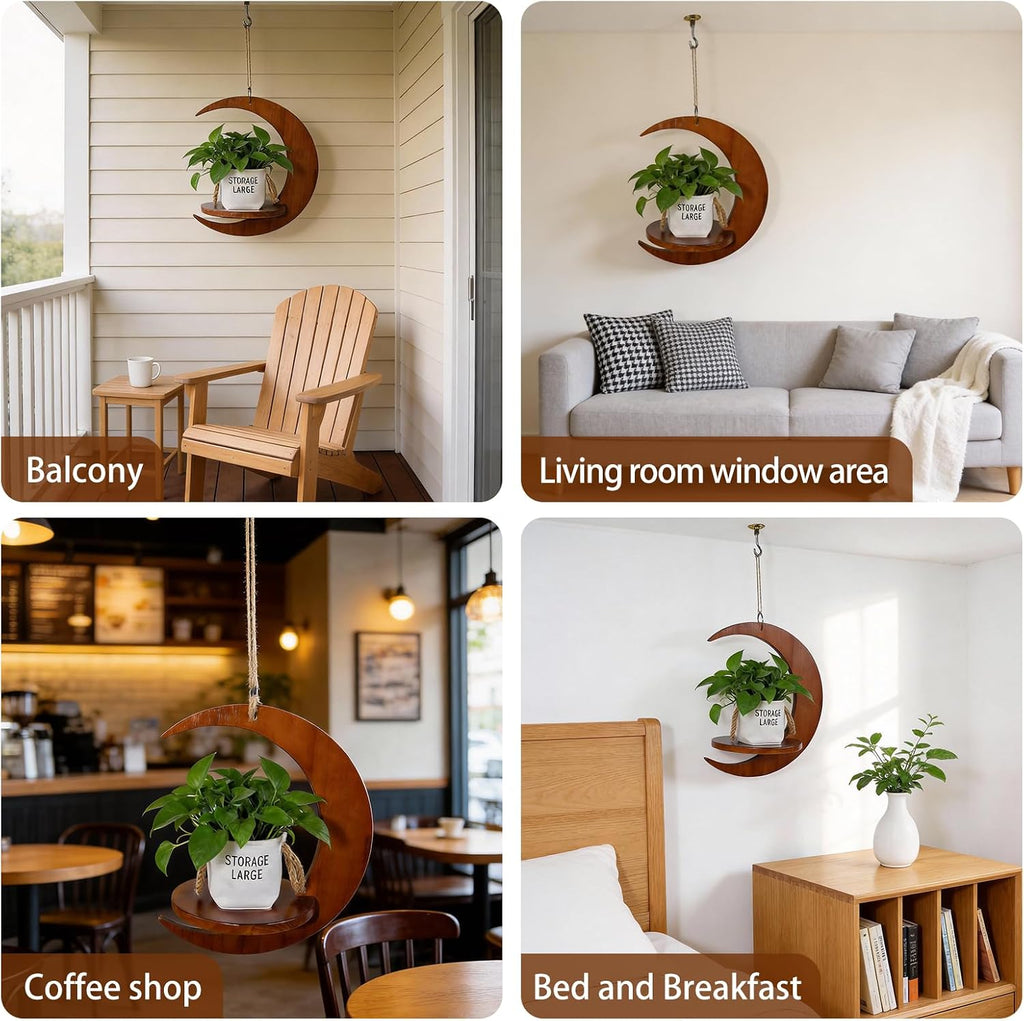 Moon - Shaped Wooden Hanging Plant Stand, Nordic Modern Window Plant Shelf | Space-Saving Indoor Flower Holder for
