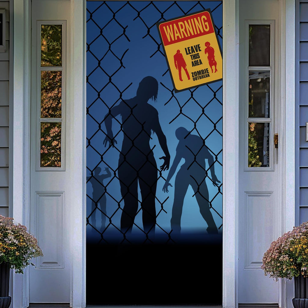 Halloween Door Backdrop Banner Warning Zombies Leave This Area Creepy Devil Go Crazy Terror Theme Scary Halloween Party Decoration Supplies for Women Men 80x35 Inch