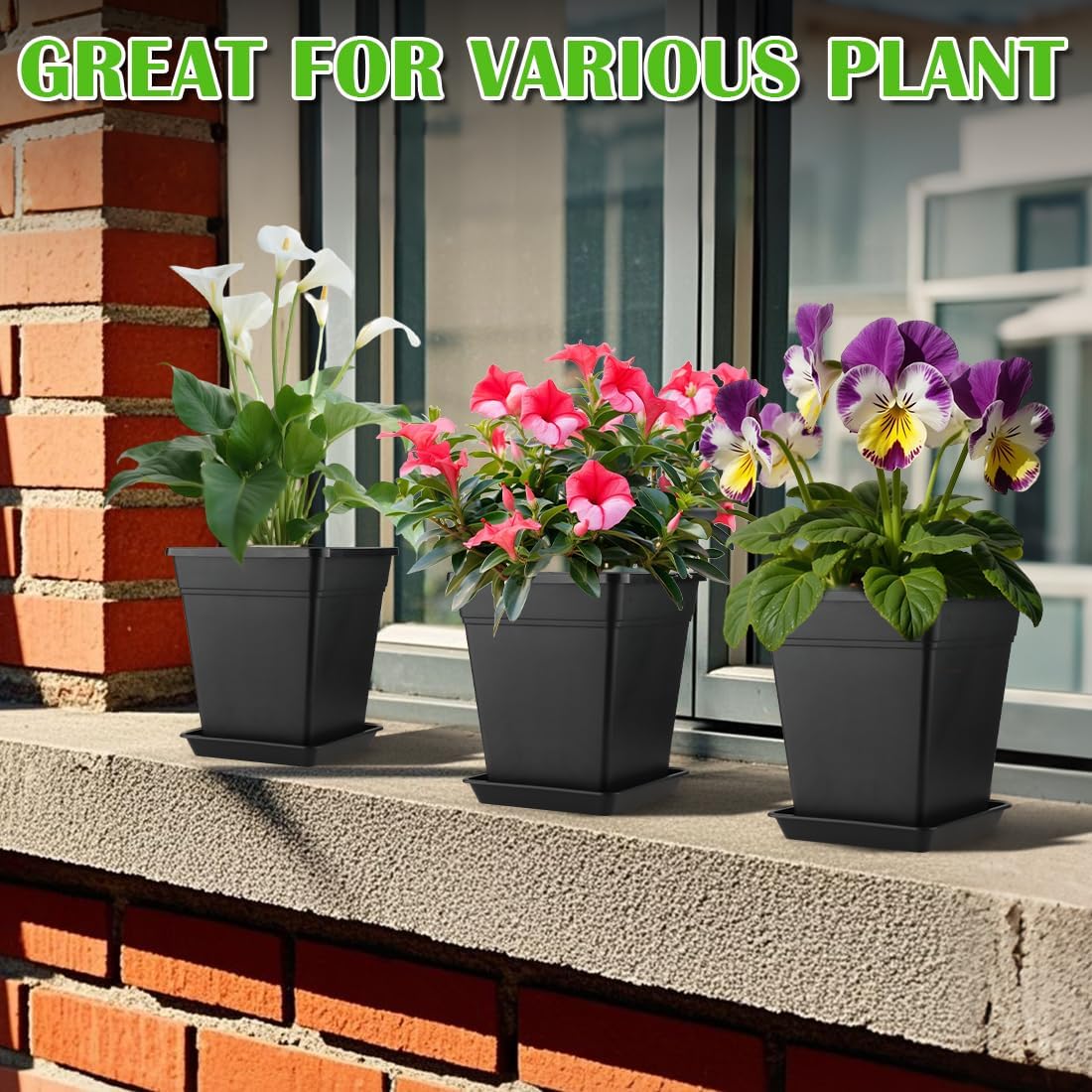 6 inch Plant Pots, 10 Pack Flower Pots Outdoor Indoor, Square Plastic Planter with Drainage Holes and Saucers, 0.5