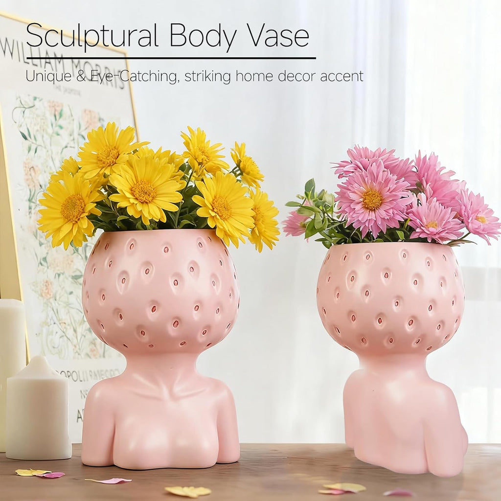 Female Body Vase, Strawberry Face Planter for Decor, Unique Cute Head Planter Pot Bust Planter with Drainage Hole