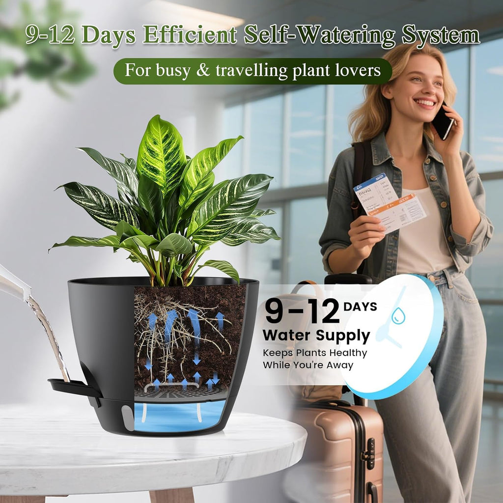 Plant Pots, 1 Pack 12 Inch Self Watering Pots with Drainage Holes, Water Level Indicator Deep Reservoir, Large Planters