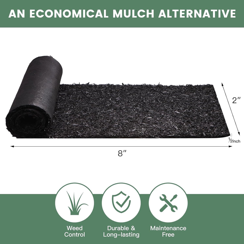 Sekcen 2 Pack Rubber Mulch Roll Mat for Landscaping Recycled Rubber Walkway Black Permanent Mulch Pathway Playground 8'