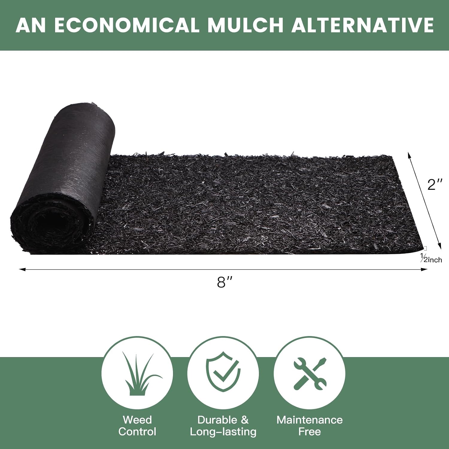 Sekcen 2 Pack Rubber Mulch Roll Mat for Landscaping Recycled Rubber Walkway Black Permanent Mulch Pathway Playground 8'