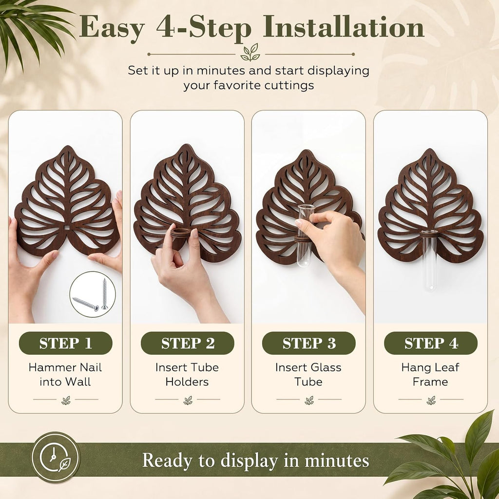 4 Sets Wooden Monstera Leaf Wall Mount, Leaf Shaped Hanging Wall Planter Terrarium Propagation Stations for Plants with
