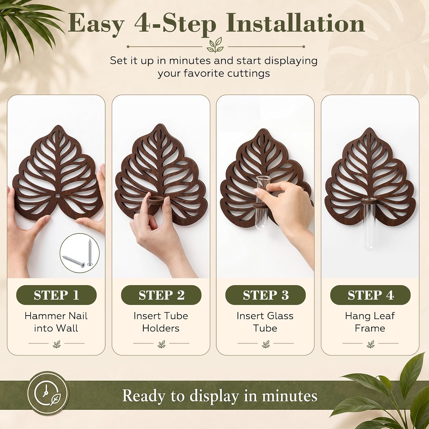 4 Sets Wooden Monstera Leaf Wall Mount, Leaf Shaped Hanging Wall Planter Terrarium Propagation Stations for Plants with