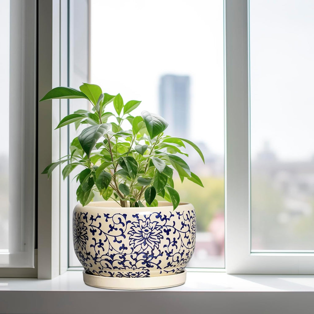 SQOWL 10 Inch Plant Pot Indoor - Ceramic Planter with Drainage Hole and Tray, Large Ceramic Flower Pots Outdoor
