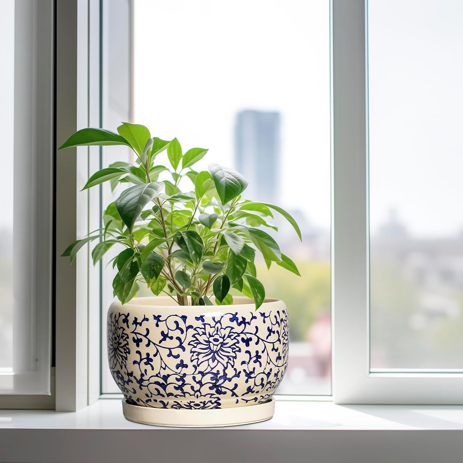 SQOWL 10 Inch Plant Pot Indoor - Ceramic Planter with Drainage Hole and Tray, Large Ceramic Flower Pots Outdoor