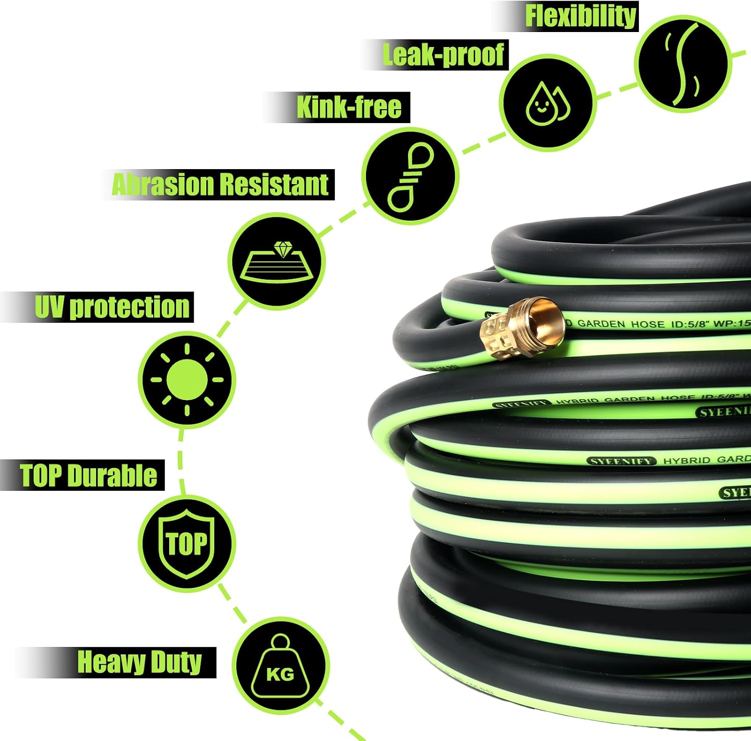 Kink Free Garden Hose 50ft 5/8"，Heavy Duty Hybrid Water Hose | Ultra Durable Flexible Rubber Hose with Sprayer