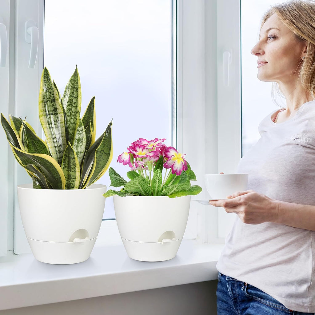 Plant Pots 12/10/9 Inch Self Watering Pots, Set of 3 Plastic Planters with Drainage Holes and Saucers,Plastic Flower