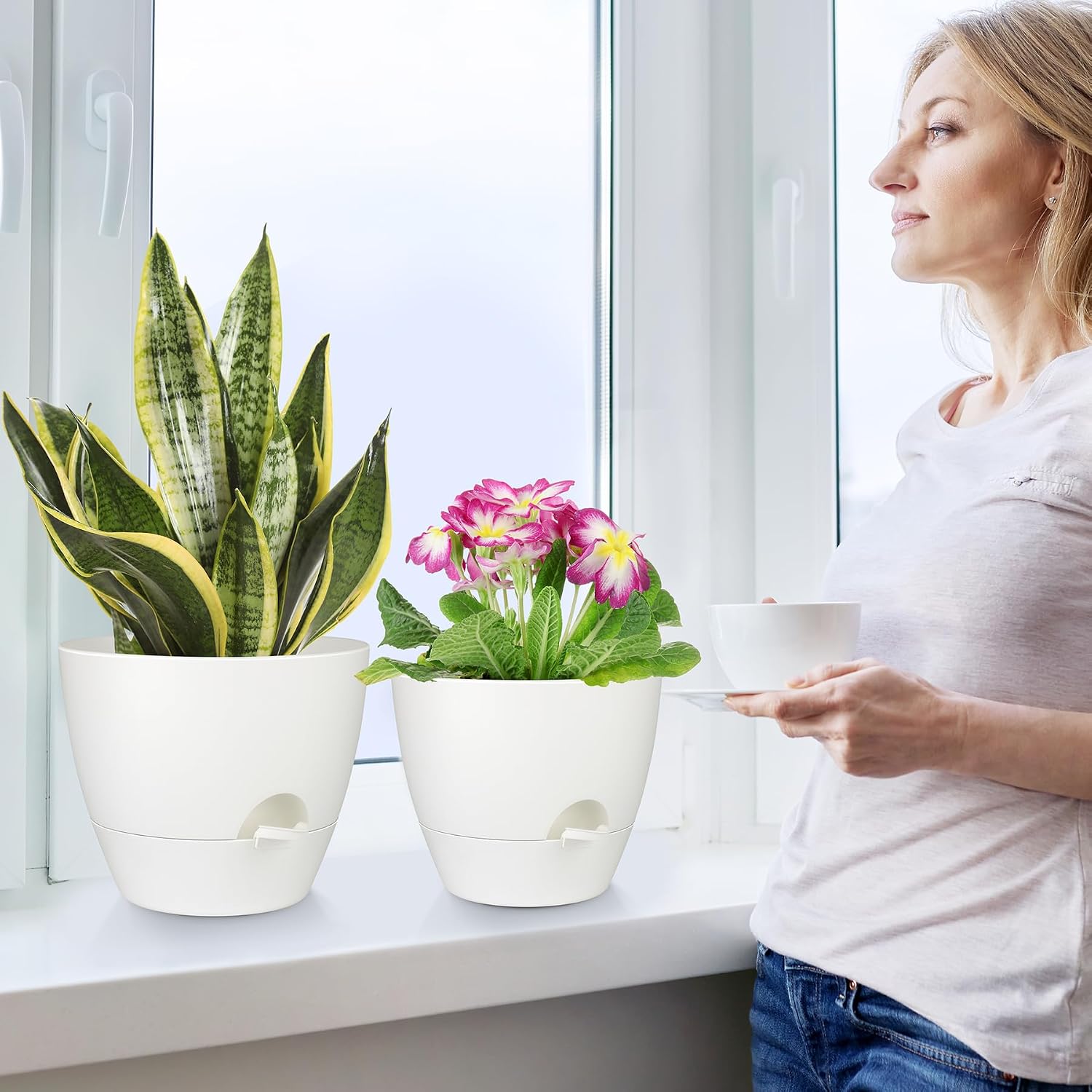 Plant Pots 12/10/9 Inch Self Watering Pots, Set of 3 Plastic Planters with Drainage Holes and Saucers,Plastic Flower