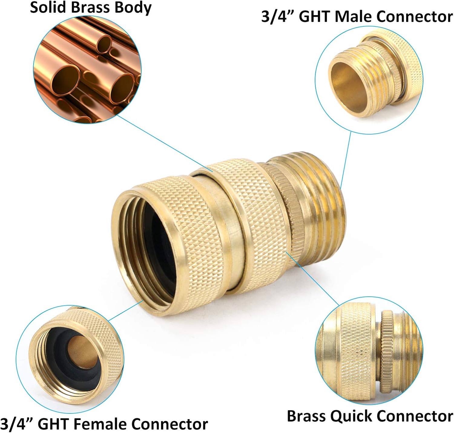 Brass Full Flow Garden Hose Quick Connect Fittings, Full Port Solid Brass Outdoor Water Hose Quick Disconnect Connector