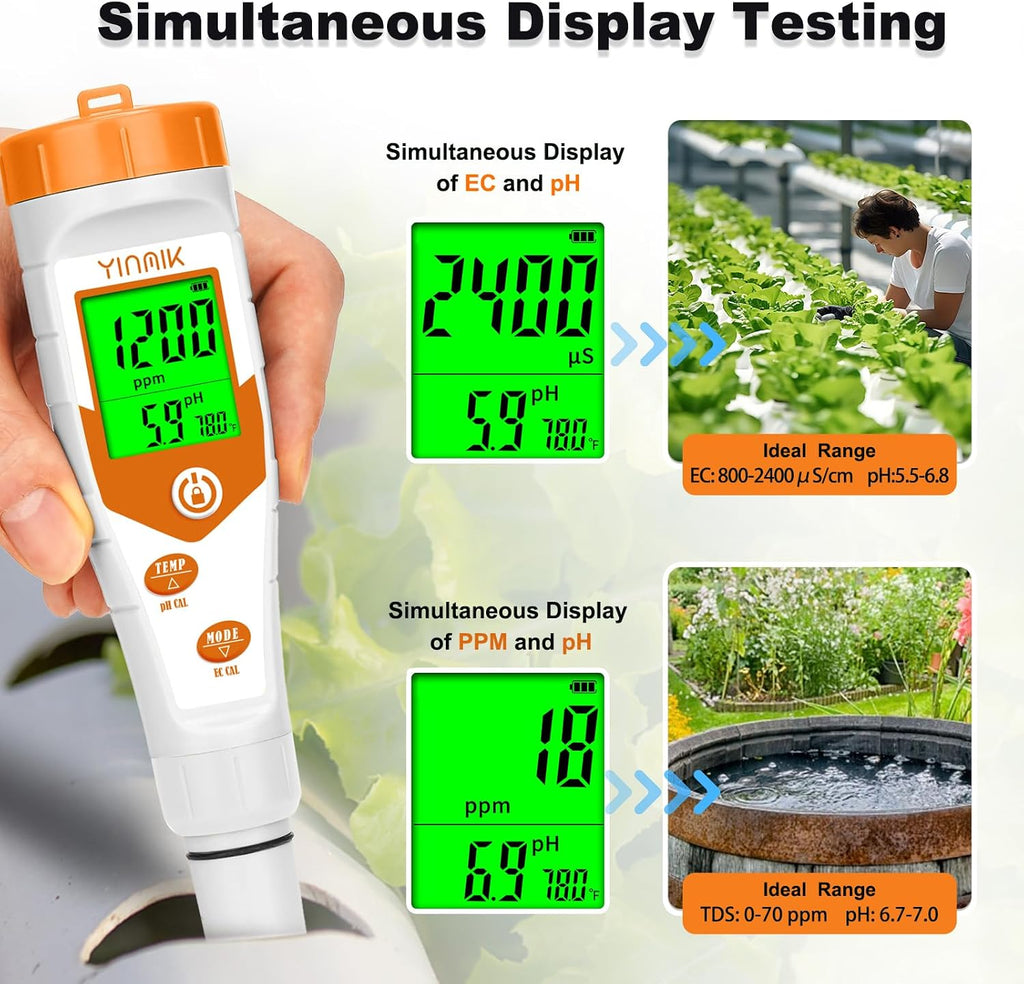 Hydroponics EC pH Tester, Simultaneous Display pH ppm for Reservoir Water | Continuous Monitoring of pH Conductivity
