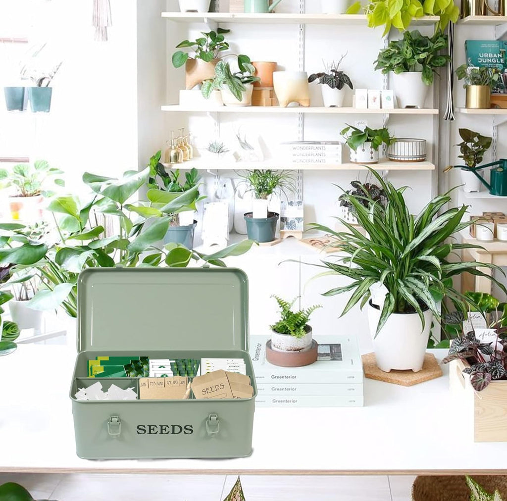 Seed Storage Box Metal Container Organizer, 4-Compartment Garden Seed Box with Safety Locks - Grayish Green