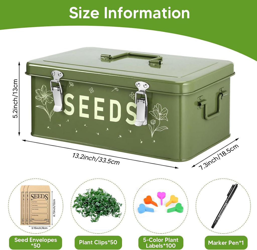 Seed Storage Organizer Box with 4 Compartments, Metal Seed Saving Container with Lockable Lid and Safety Locks