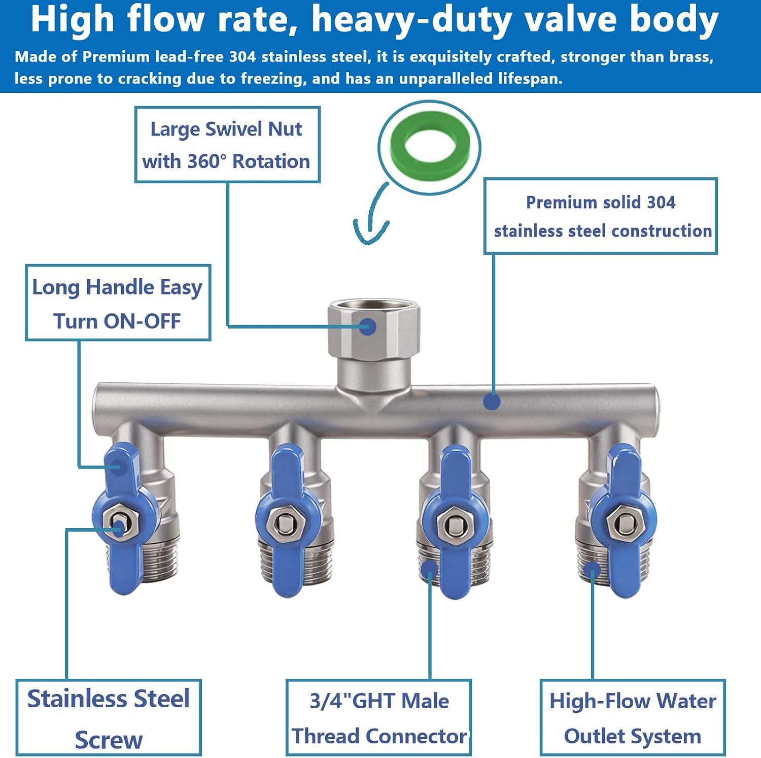304 Stainless Steel Garden Hose Splitter 4 Way Heavy Duty, Full Flow T Valve Water Hose Splitter With 2.1" Extra Long