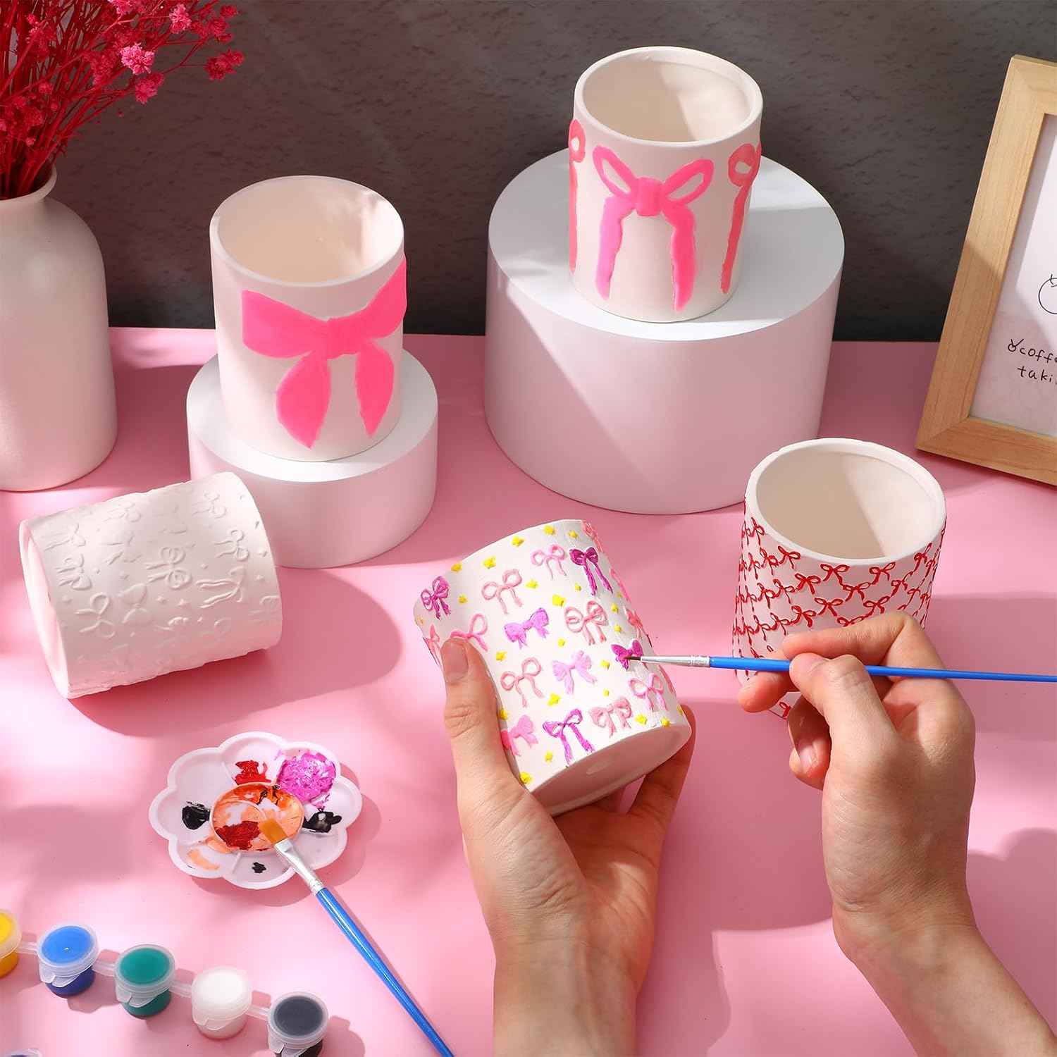 Zubebe 12 Pcs Paint Your Own Flower Ceramic Pots with Drainage Hole, 4 Style Pink Bow Unfinished Succulent Pots