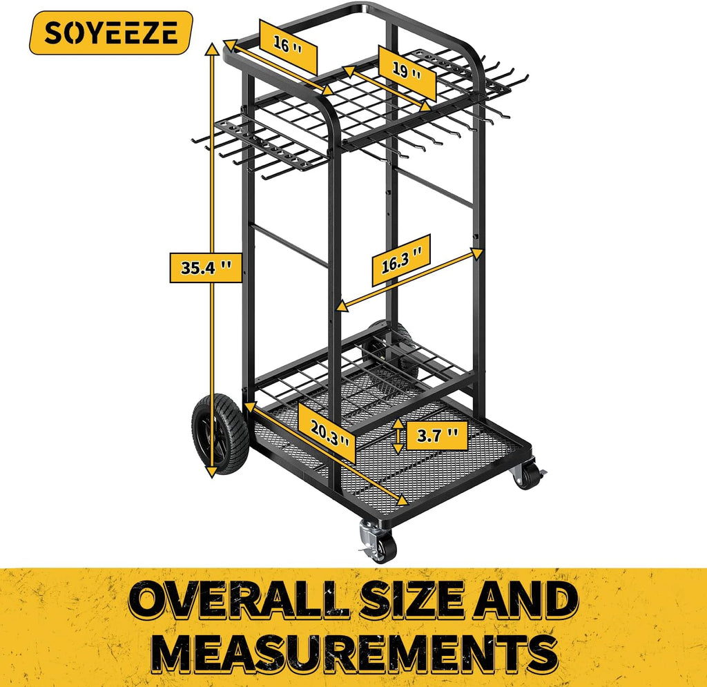SOYEEZE Garden Tool Organizer with Large Wheels, Heavy Duty 3-Tier Yard Tower Tool Rack for Garage, Holds Up to 35