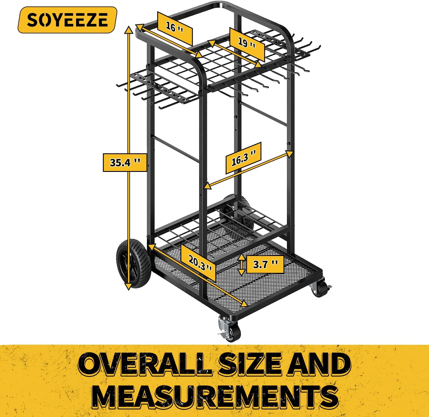 SOYEEZE Garden Tool Organizer with Large Wheels, Heavy Duty 3-Tier Yard Tower Tool Rack for Garage, Holds Up to 35