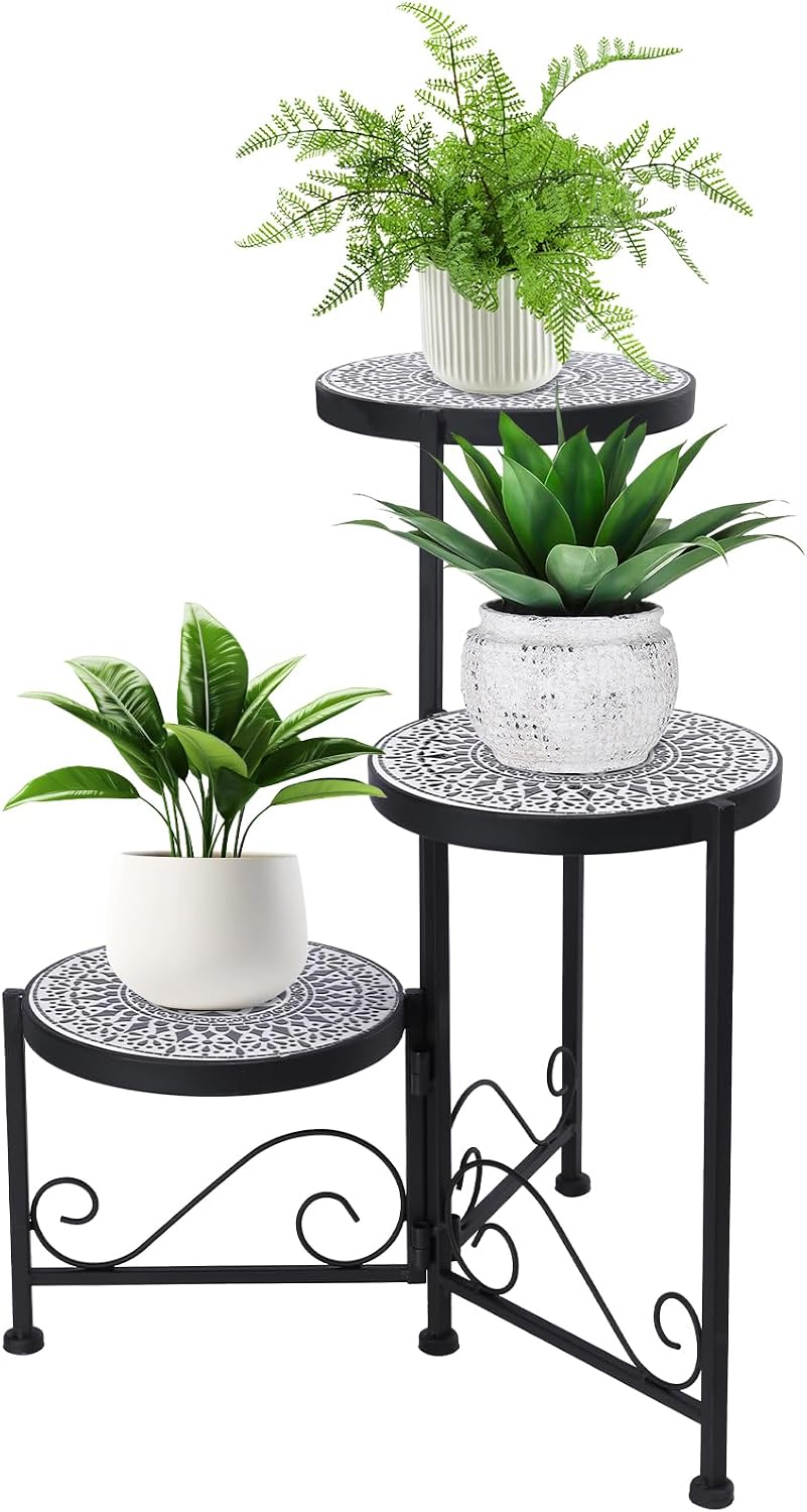 3 Tier Mosaic Corner Plant Stand Foldable Display Shelf Black | Tall Plant Holder Space-Saving Corner Design Perfect