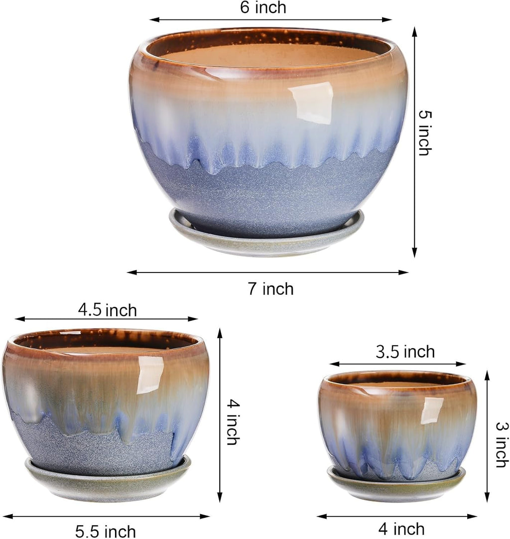 AVLA 3 Pack Ceramic Plant Pots, Gardening Drip Glazed Planters, Decorative Flower Pot with Drainage Hole and Saucer