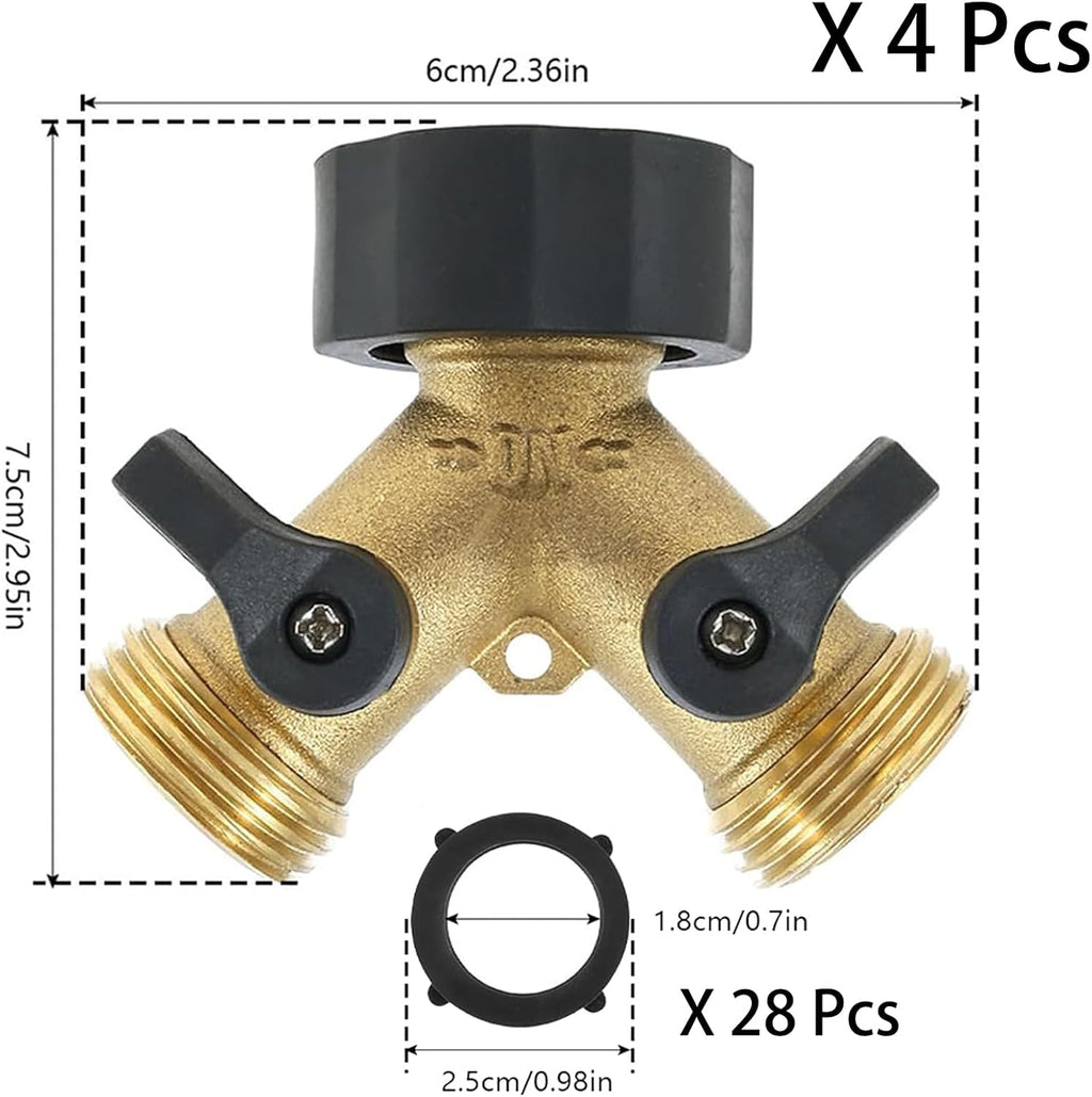 4 Pack Garden Hose Splitter 2 Way, 3/4" Thread, with 28 Rubber Washers | Heavy Duty Brass Hose Y Splitter, Leak Proof