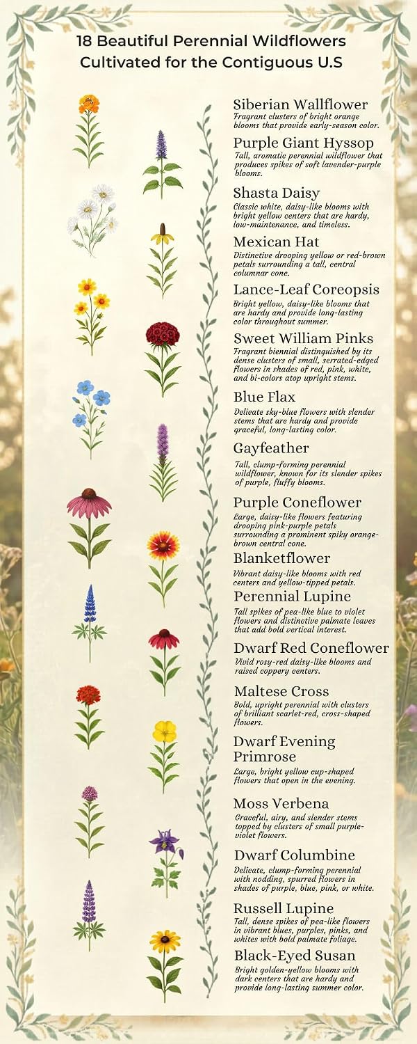 All Perennial Wildflower Seed Mix – 18 Species, 1/4 lb Covers 500 Sq Ft, Non-GMO, Pollinator Friendly, Blooms Year